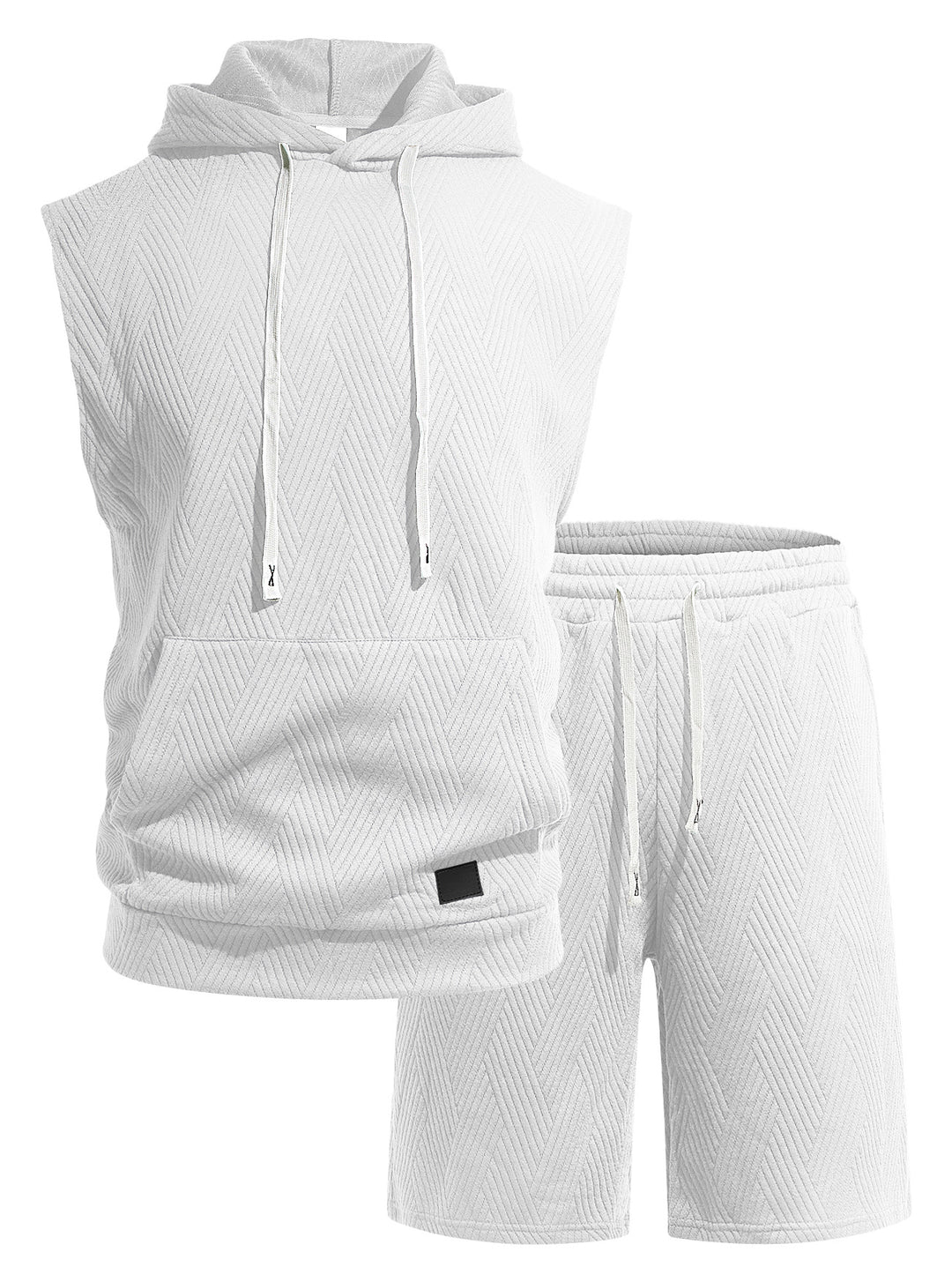 Men's sleeveless hoodie lounge set made of textured cotton blend with kangaroo pocket and elastic leisure pants StylebySassy