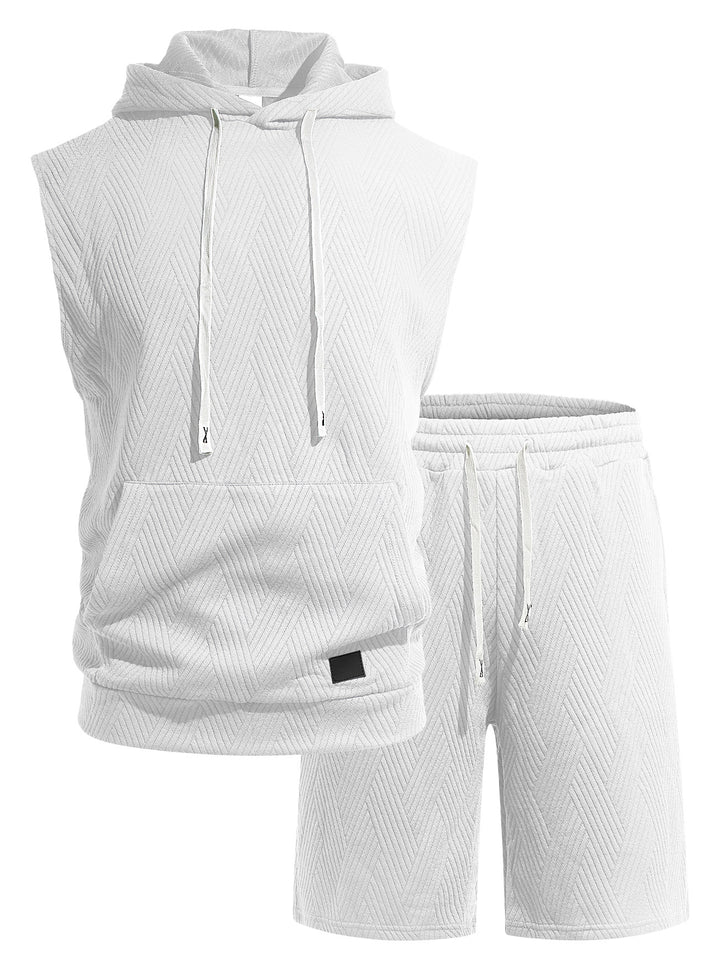 Men's sleeveless hoodie lounge set made of textured cotton blend with kangaroo pocket and elastic leisure pants StylebySassy