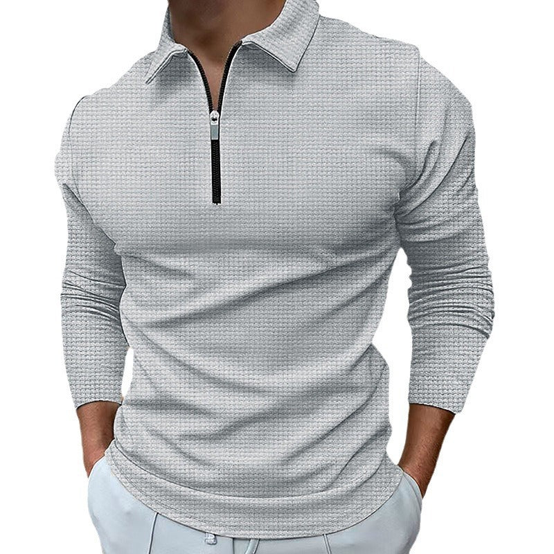 Men's long-sleeved polo shirt with kent collar, short front zip and fine waffle texture StylebySassy