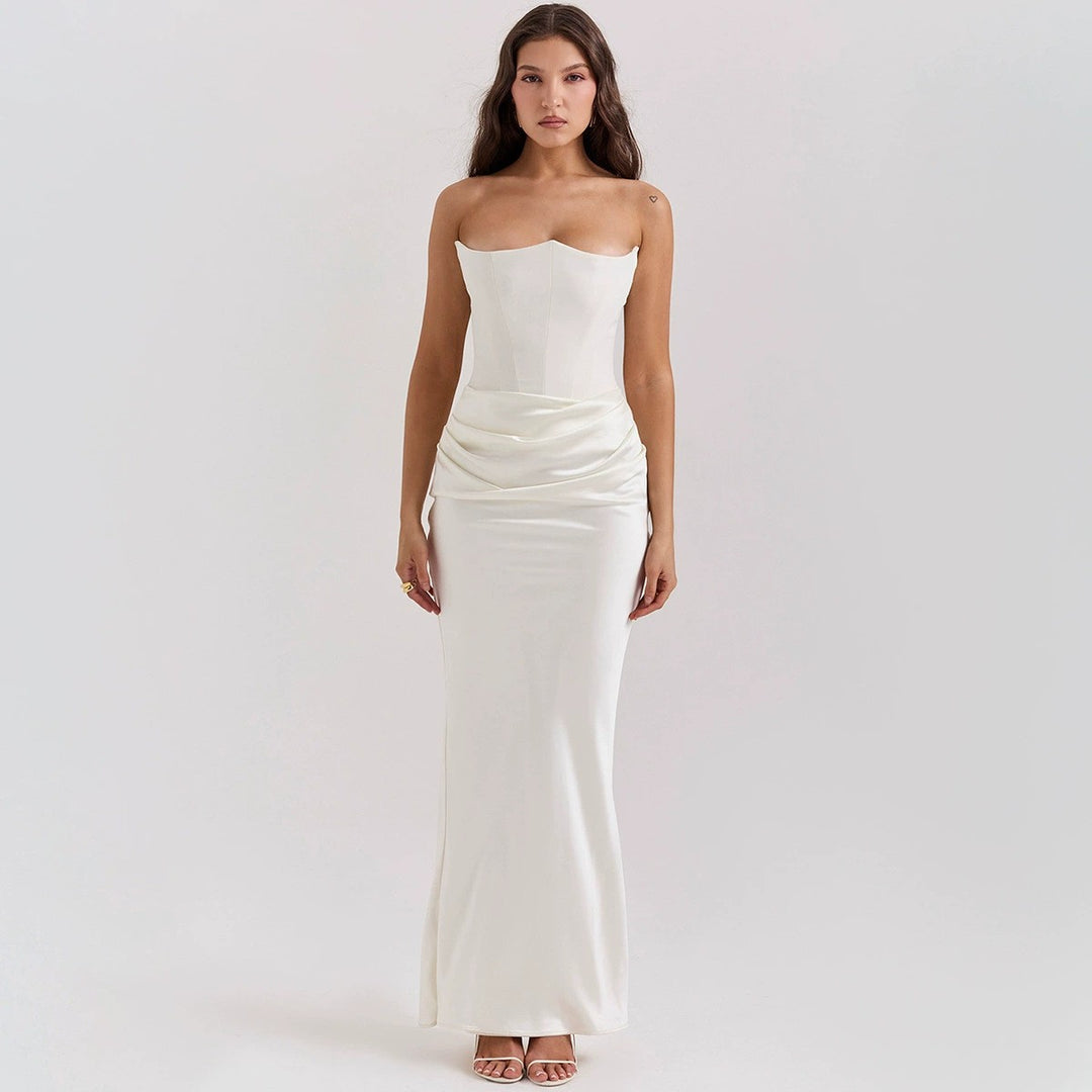 Women's strapless corset evening dress with contoured bodice construction and elegant hip draping StylebySassy