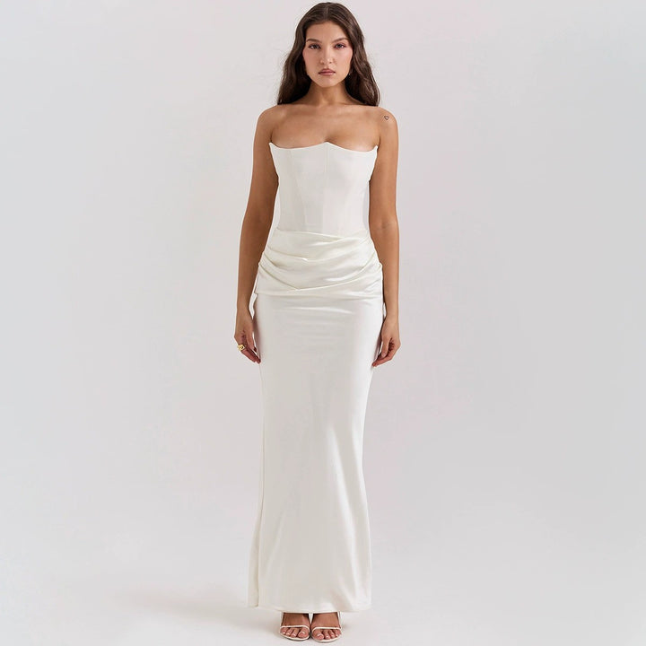 Women's strapless corset evening dress with contoured bodice construction and elegant hip draping StylebySassy