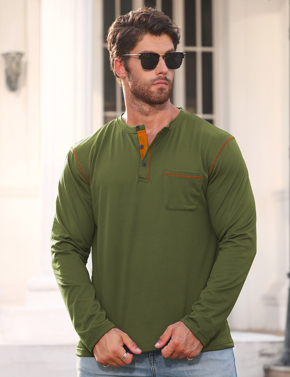Men's Long Sleeve Shirt with Short Button Placket, Chest Pocket and Contrasting Decorative Stitching StylebySassy