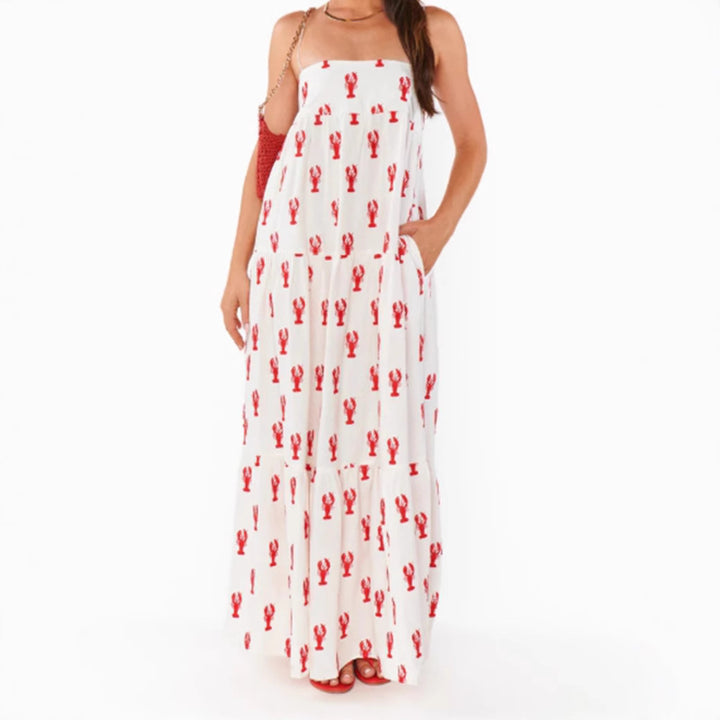 Women's strapless bandeau maxi dress with tiered ruffle skirt and maritime lobster motif StylebySassy