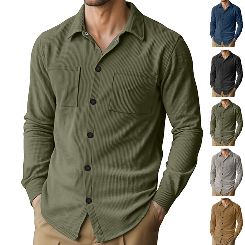 Men's textured casual overshirt with fine vertical ribbing, kent collar and patch chest pockets StylebySassy