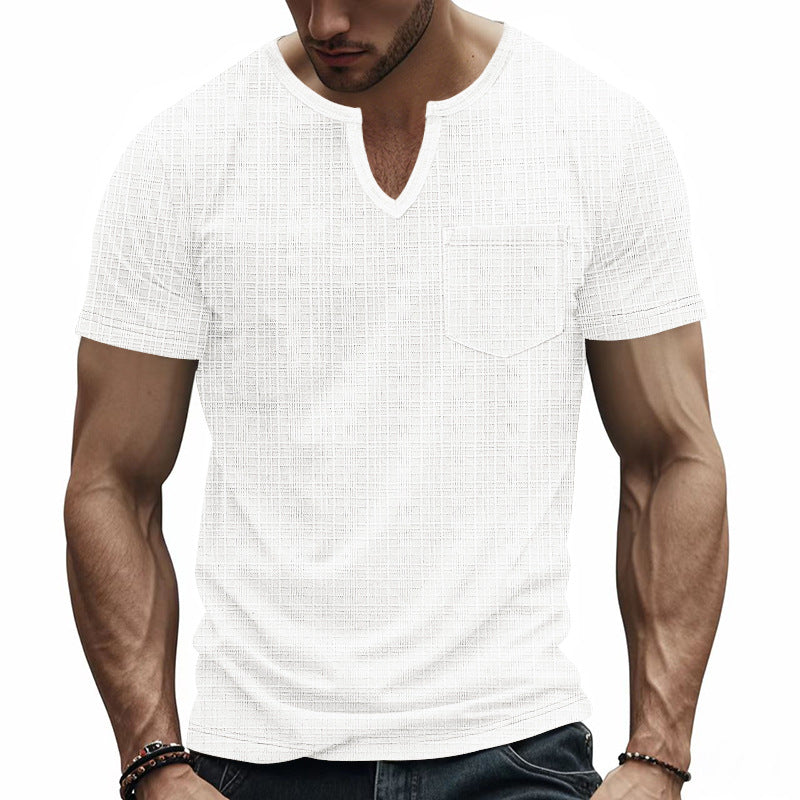Men's short-sleeved shirt with slit V-neck structured linen look and patch chest pocket StylebySassy