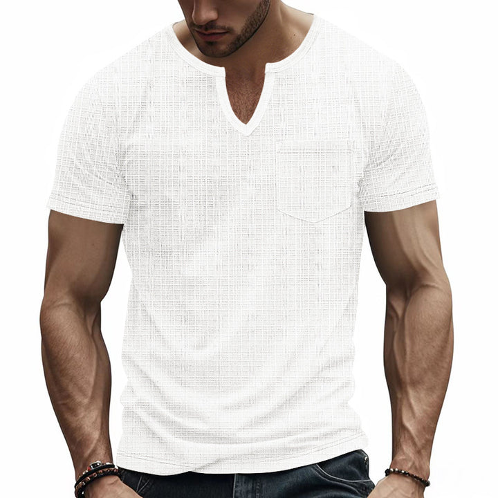 Men's short-sleeved shirt with slit V-neck structured linen look and patch chest pocket StylebySassy