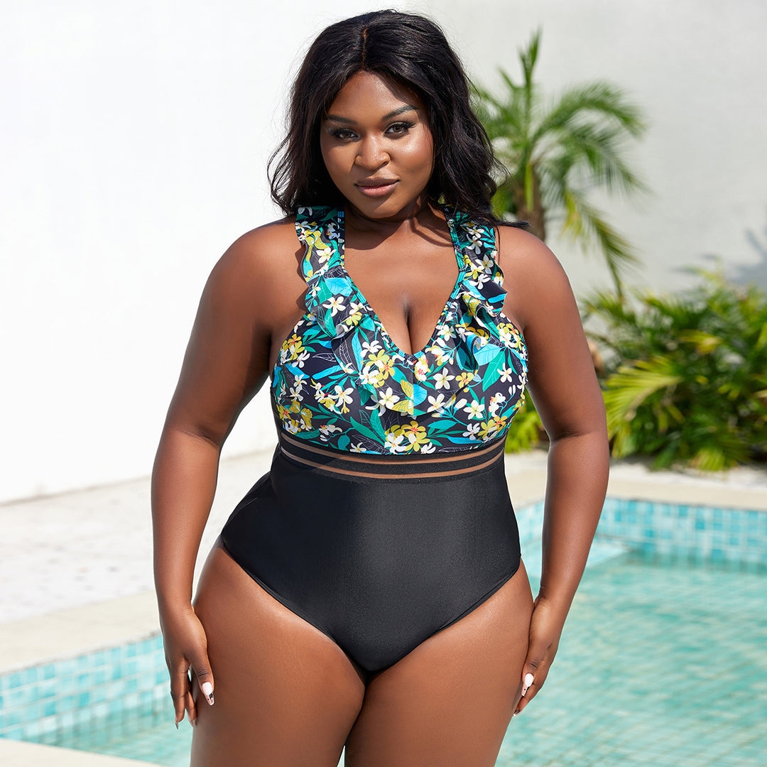 Women's High-Waisted Swimsuit with Ruffle Details and Floral Top StylebySassy