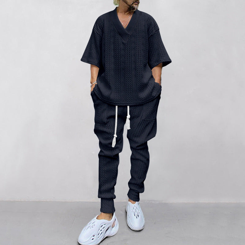 Men's casual knit set with V-neck and drawstring jogger pants StylebySassy