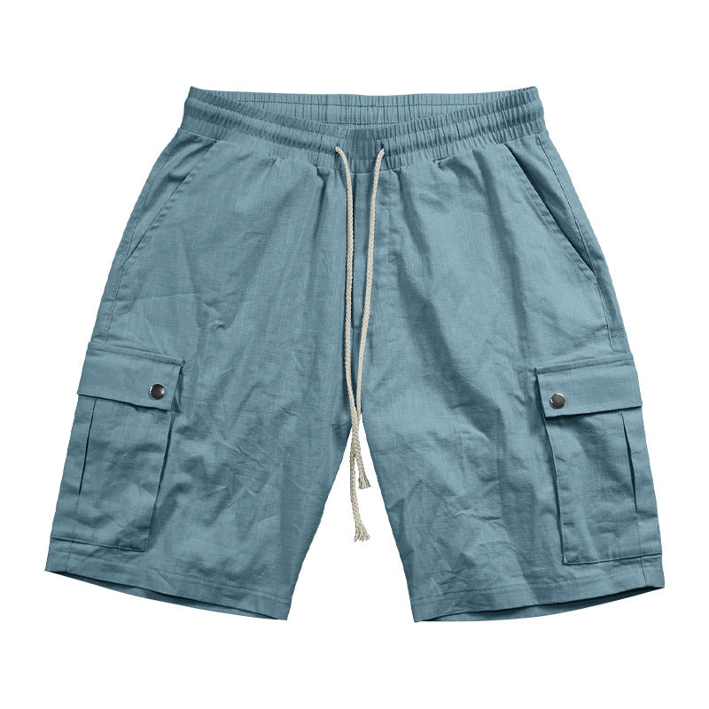 Men's urban cargo Bermuda shorts made of linen-cotton blend with elastic drawstring waistband and snap-flap pockets StylebySassy