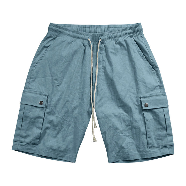 Men's urban cargo Bermuda shorts made of linen-cotton blend with elastic drawstring waistband and snap-flap pockets StylebySassy