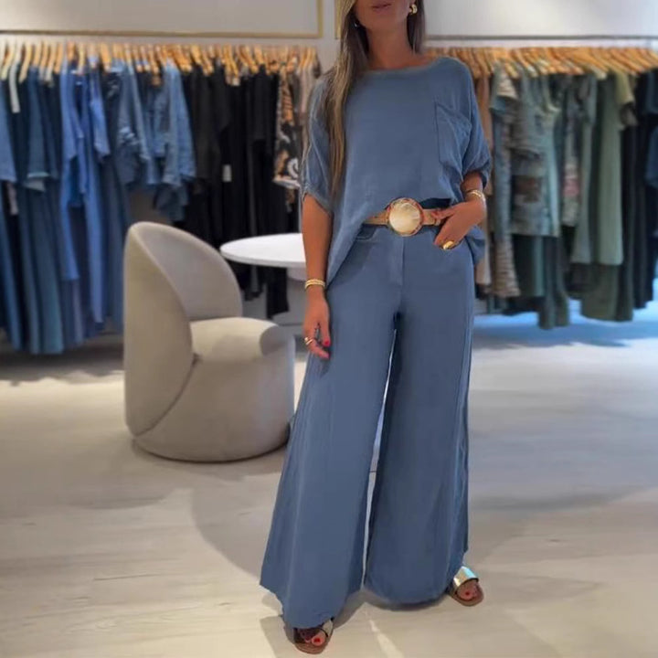 Women's Linen Blend Two-Piece Set with Boxy Oversized Shirt, Chest Pocket and Wide Palazzo Pants StylebySassy