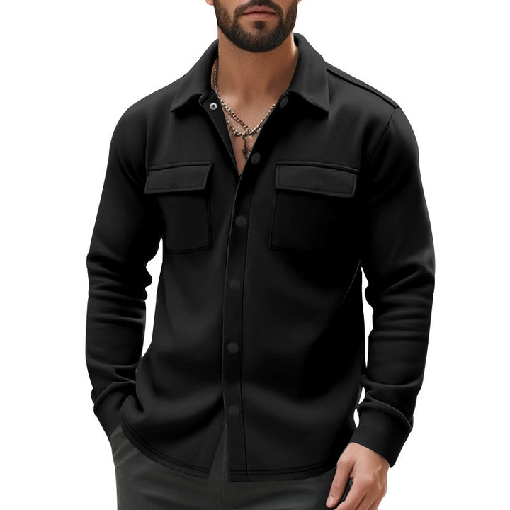 Men's unlined shirt jacket with fleece lining, patch chest pockets and snap button placket StylebySassy