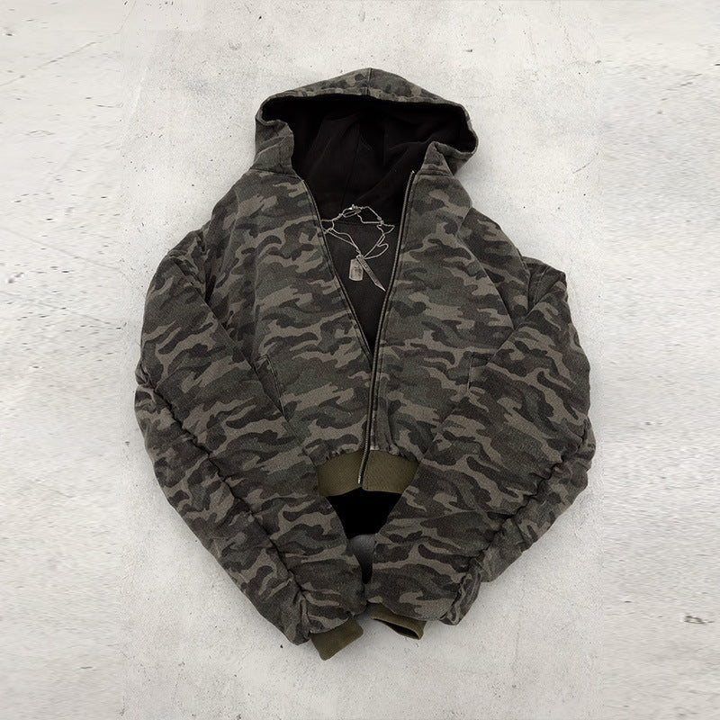 Men's short-cut camouflage bomber-style hooded jacket with teddy lining and two-way zipper StylebySassy