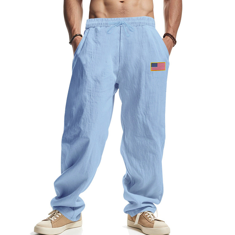 Men's casual cotton-linen lounge pants with elastic waistband, drawstring, and discreet flag application StylebySassy