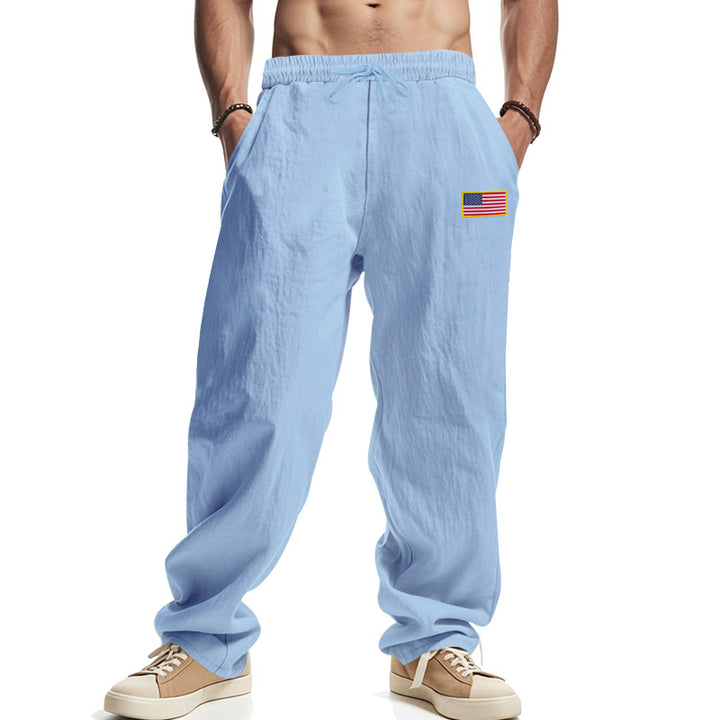 Men's casual cotton-linen lounge pants with elastic waistband, drawstring, and discreet flag application StylebySassy