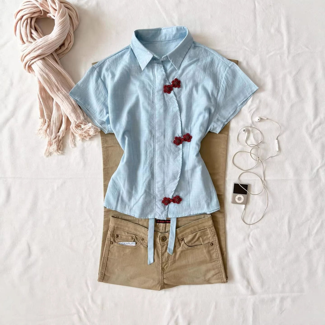 Women’s Stylish Short Sleeve Shirt with Floral Accents StylebySassy