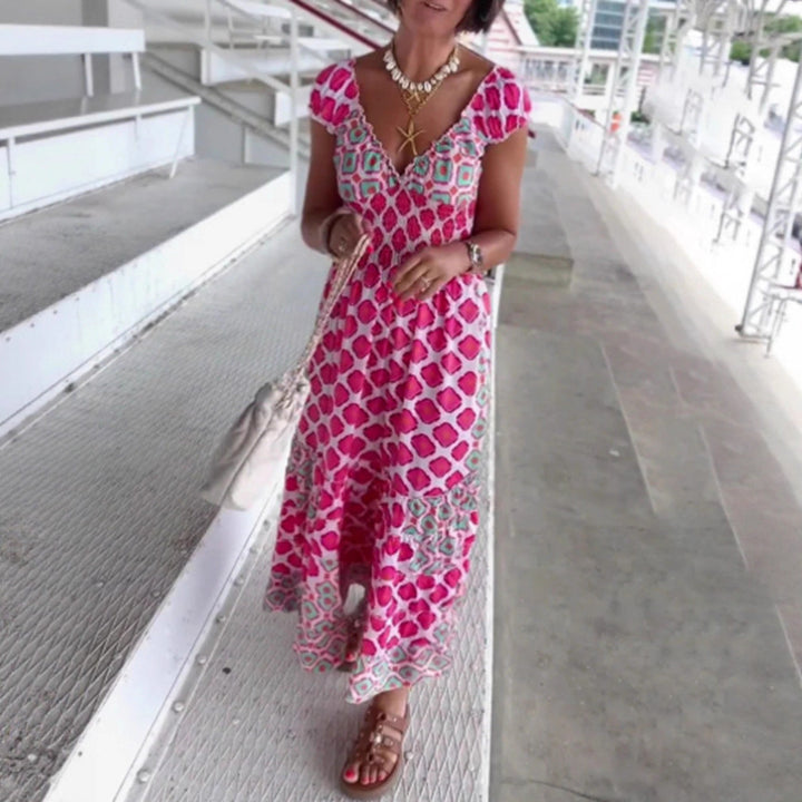 Women’s summer tiered dress with smocked top, V-neckline and puff sleeves StylebySassy