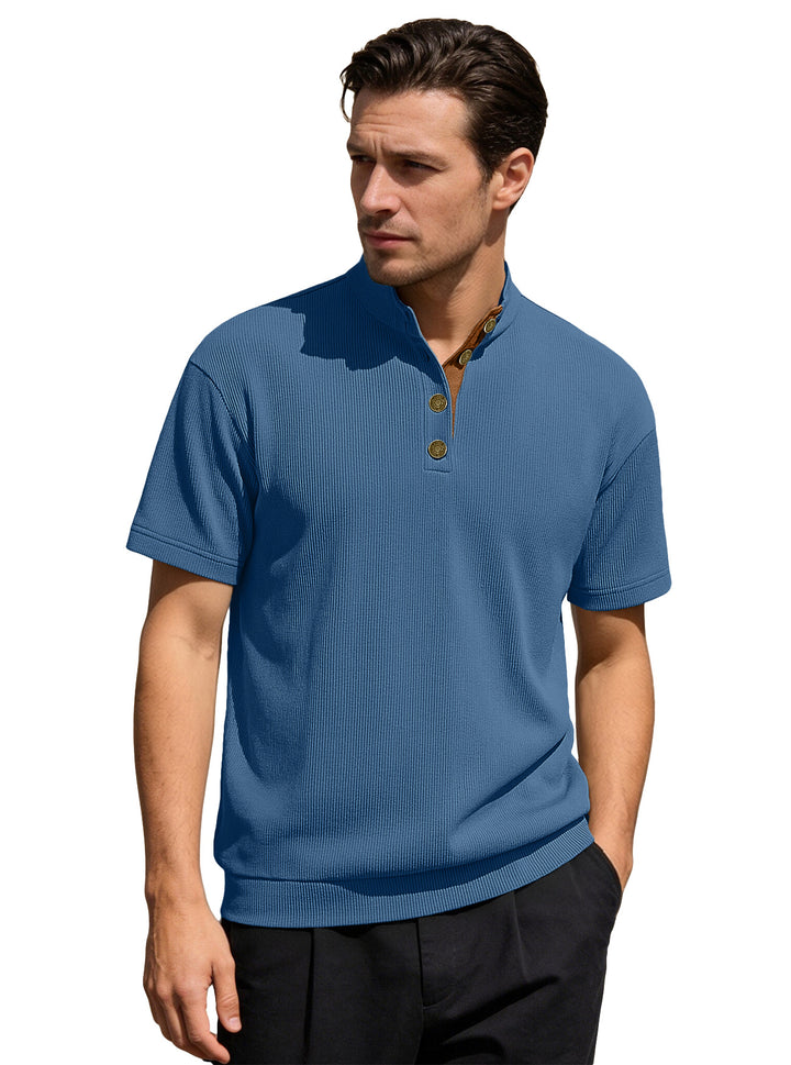 Men's Waffle Structure Short Sleeve Henley with Stand-Up Collar and Decorative Button Placket StylebySassy