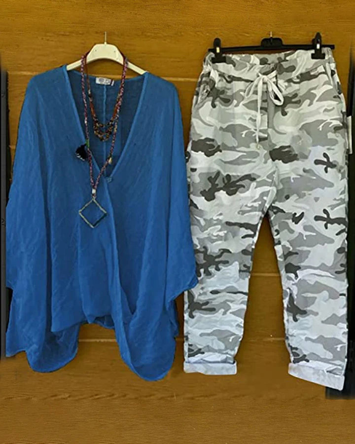 Women's two-piece outfit consisting of flowing kimono top and camouflage jogging pants StylebySassy