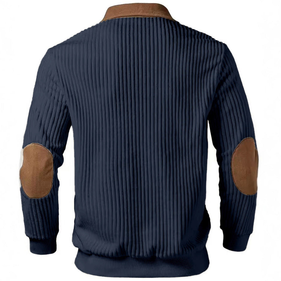 Men's ribbed half-zip pullover with contrasting leather appliqués on shoulders and elbows StylebySassy