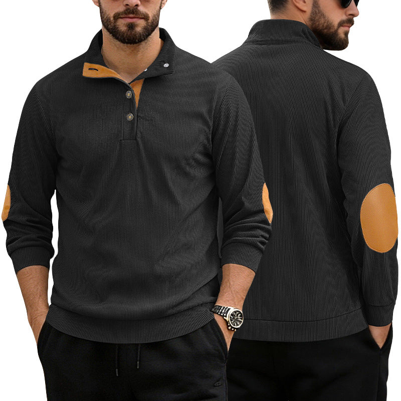 Men's casual structured sweater with polo collar, short button placket and vegan leather trims StylebySassy