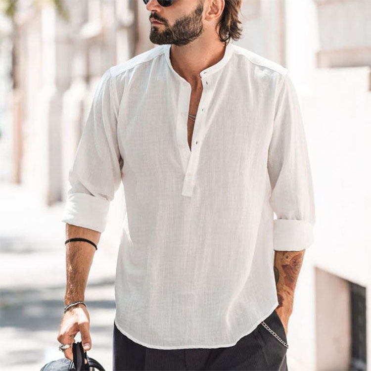 Men's casual shirt with stand-up collar, short button placket, and rounded hem StylebySassy