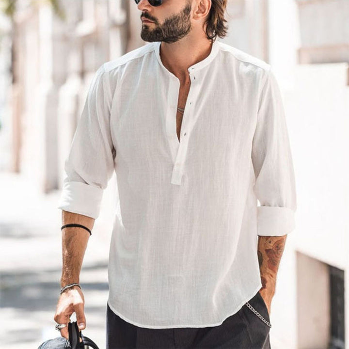 Men's casual shirt with stand-up collar, short button placket, and rounded hem StylebySassy