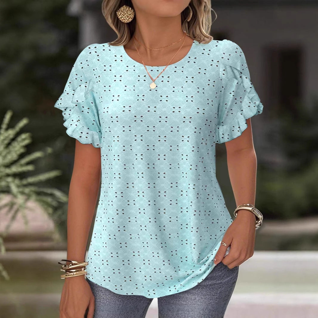 Women's Broderie Anglaise Blouse with Double Ruffle Sleeves and Casual Hip Length StylebySassy