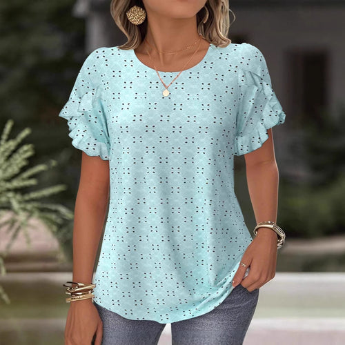 Women's Broderie Anglaise Blouse with Double Ruffle Sleeves and Casual Hip Length StylebySassy