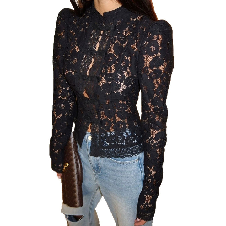 Women's figure-hugging lace blouse with stand collar, decorative knot closure, and crocheted hem StylebySassy