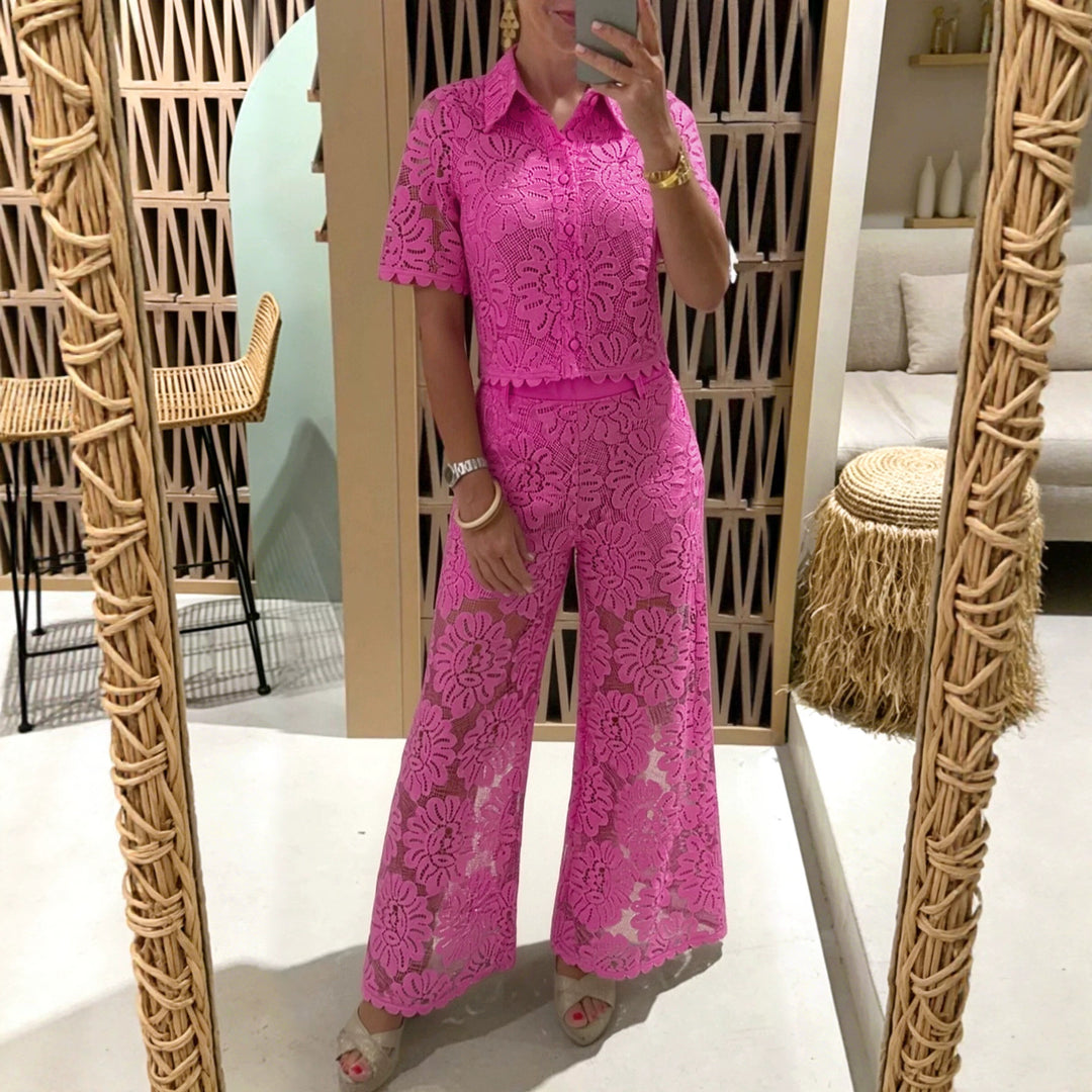 Women's elegant lace combination with short-sleeved blouse, scalloped hem, and tailored palazzo pants with tie belt StylebySassy