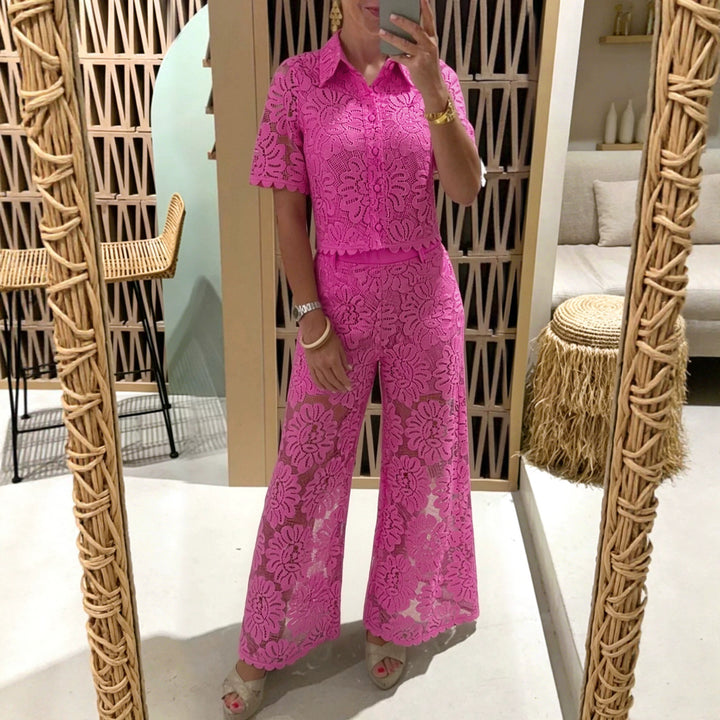 Women's elegant lace combination with short-sleeved blouse, scalloped hem, and tailored palazzo pants with tie belt StylebySassy