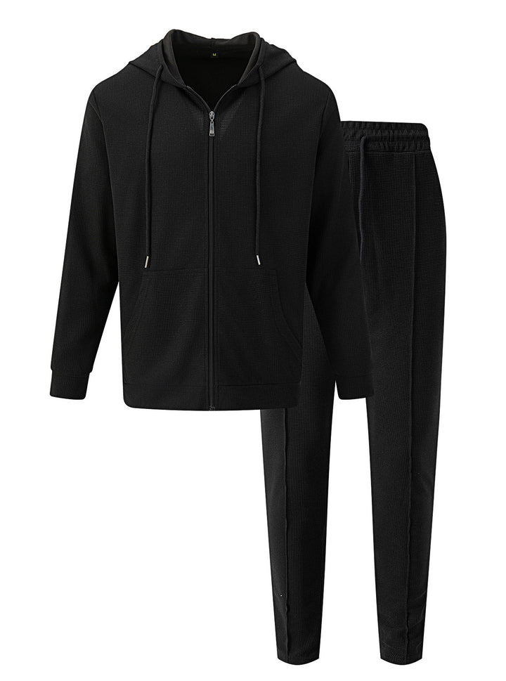 Men's waffle texture tracksuit with hooded zip jacket and tapered jogging pants StylebySassy