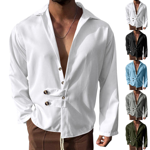 Men's modern long-sleeved shirt with deep neckline and asymmetrical strap look StylebySassy