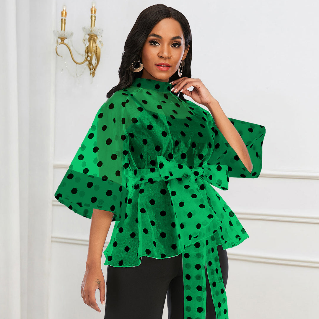 Women's chiffon blouse with transparent polka dots design and fitted tie belt StylebySassy