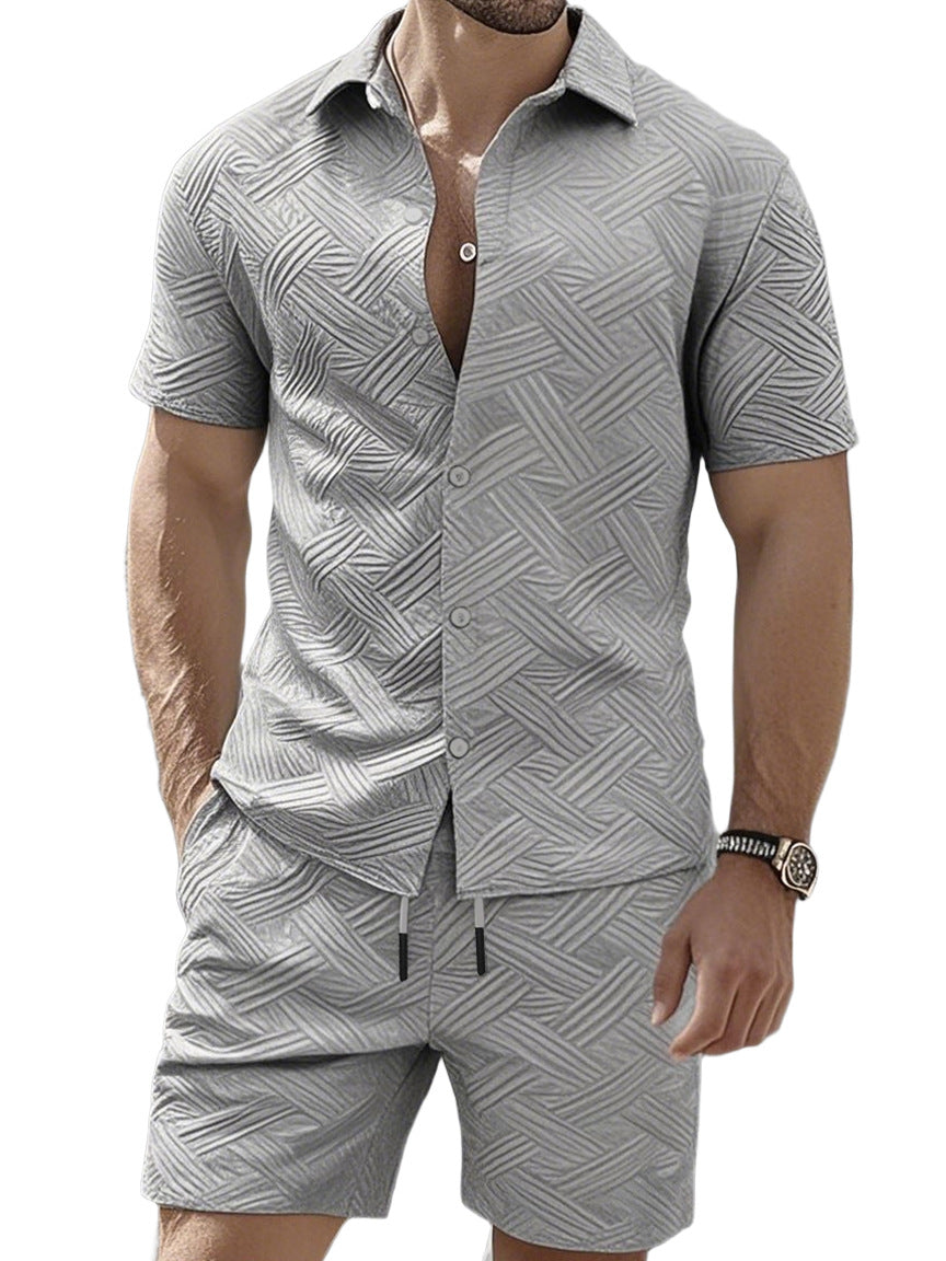 Men's nan geometric embossed short sleeve shirt and Bermuda two-piece set with shirt collar and drawstring StylebySassy