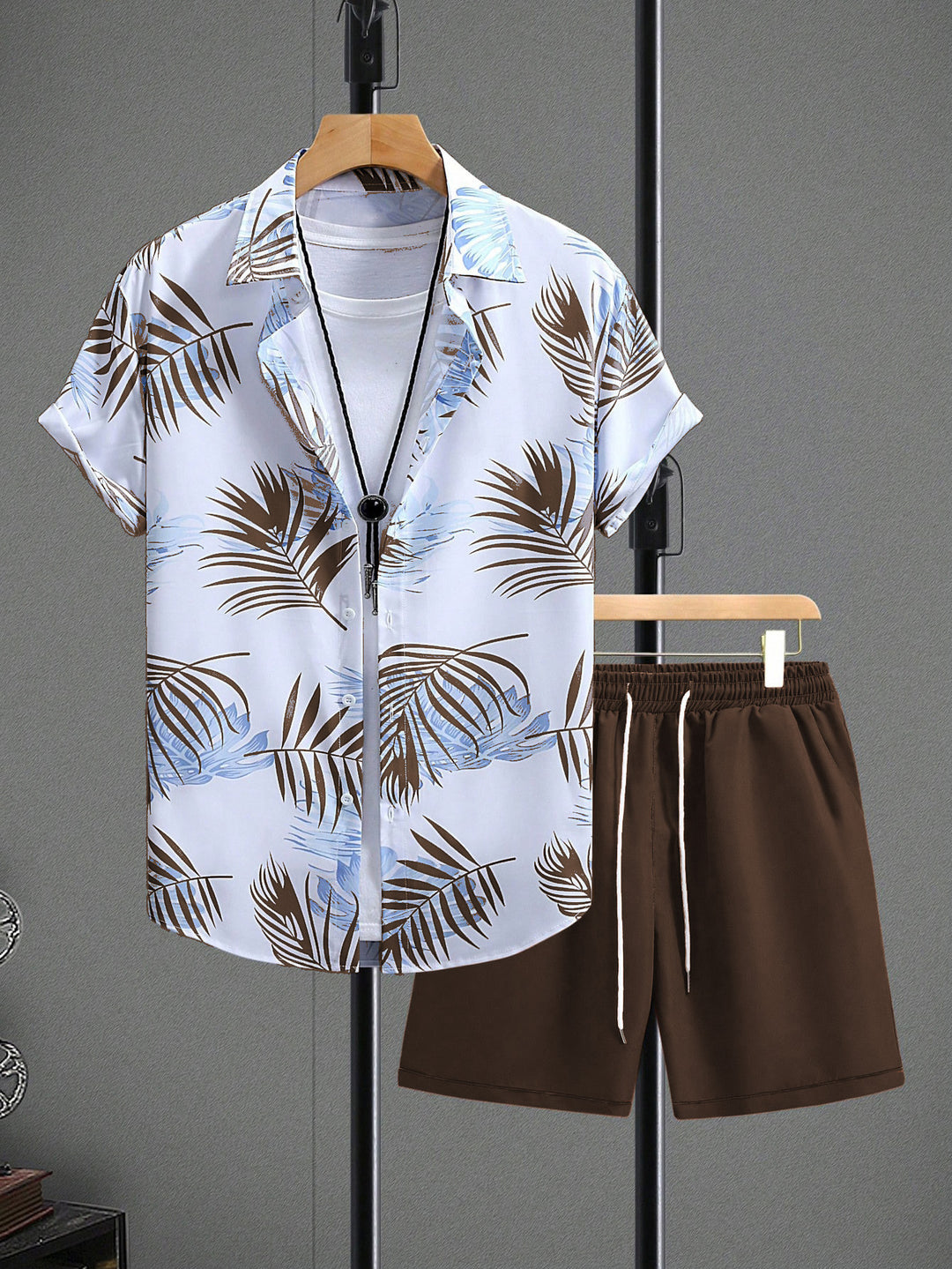 Men's vacation set with short-sleeved lapel shirt in palm print and elastic drawstring bermuda StylebySassy