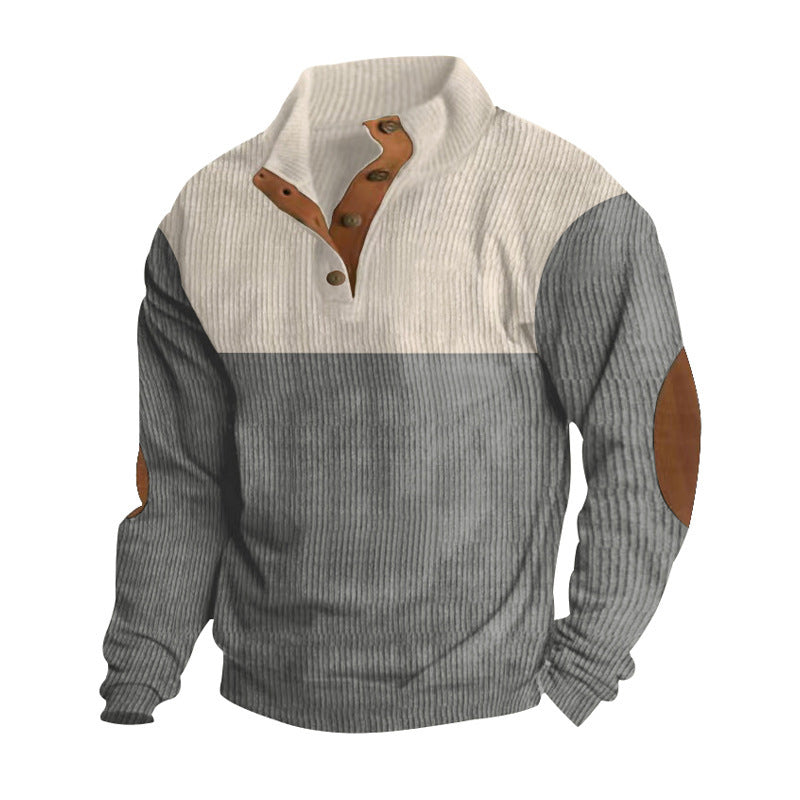 Men's ribbed Henley knit pullover with stand collar contrast yoke and elbow patches StylebySassy