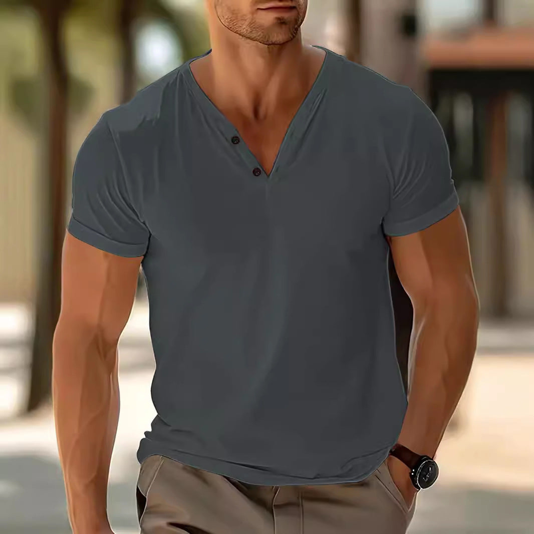 Men's short-sleeved Henley shirt with V-neck and two-button placket made of cotton blend StylebySassy