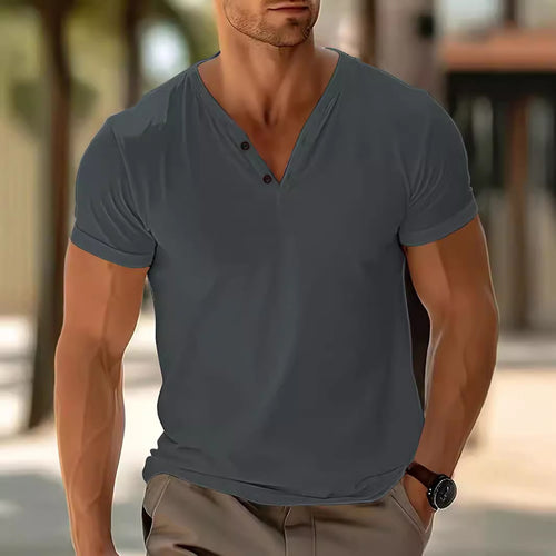 Men's short-sleeved Henley shirt with V-neck and two-button placket made of cotton blend StylebySassy