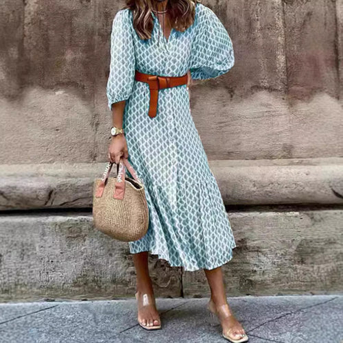 Women's lightweight patterned midi dress with V-neck, button placket, tiered skirt, and balloon sleeves StylebySassy