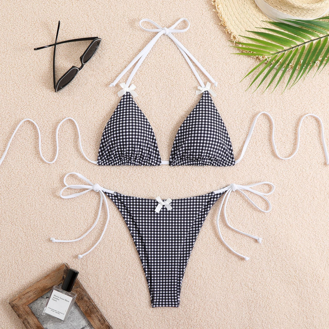Ladies triangle bikini with playful check pattern and adjustable straps StylebySassy