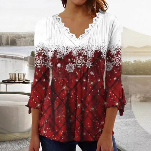 Women's Tunic blouse with lace V-neck, fine pleated yoke and wintry snowflake print StylebySassy