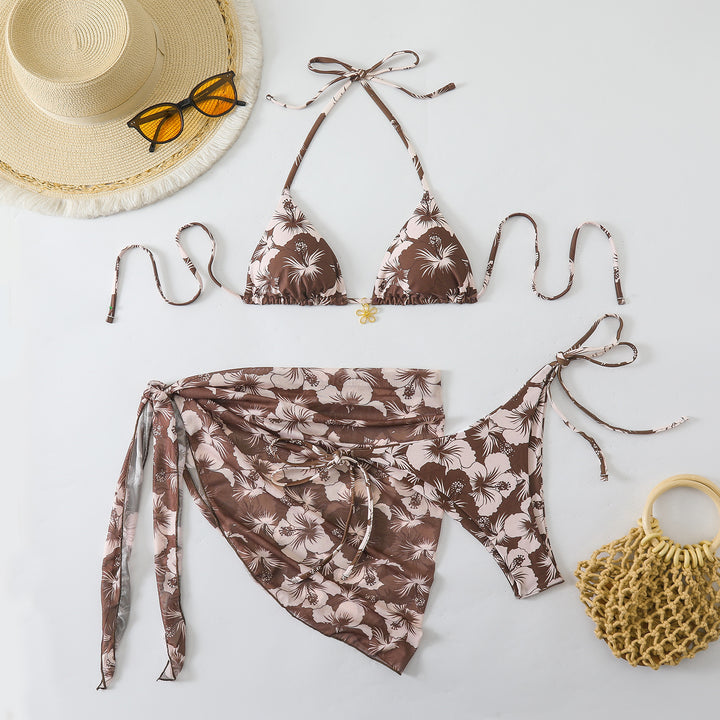 Ladies Triangle Bikini Set with Wrap Skirt and Floral Design StylebySassy