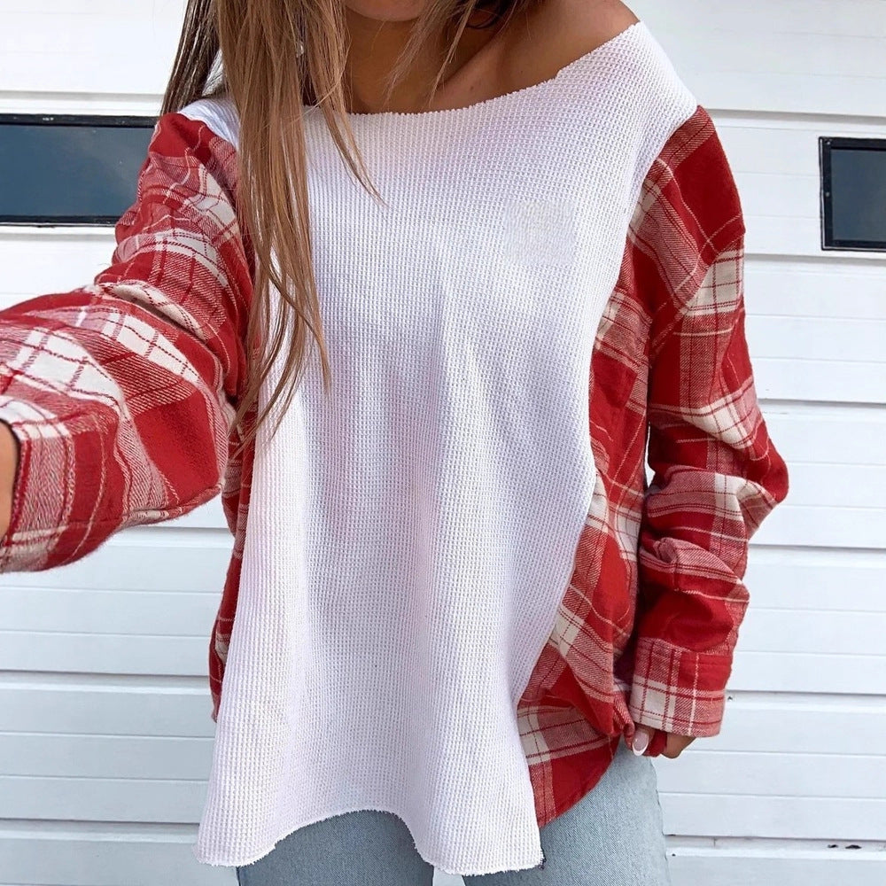 Women's oversized long-sleeve shirt in mixed material with textured waffle knit front and checkered sleeve section StylebySassy