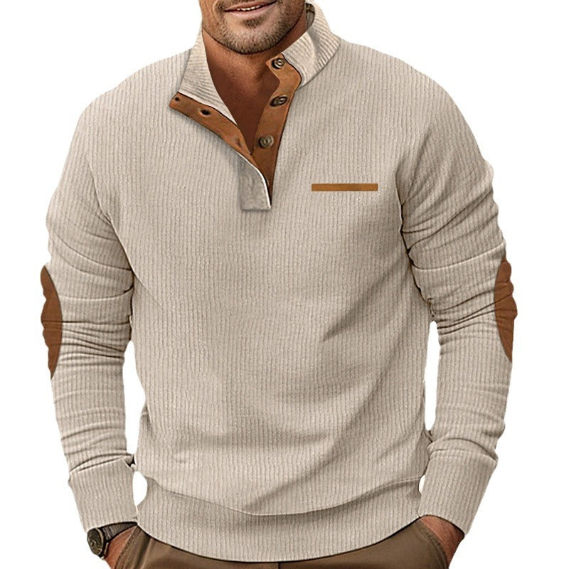 Men's ribbed long sleeve pullover with stand-up collar and faux leather elbow patches StylebySassy
