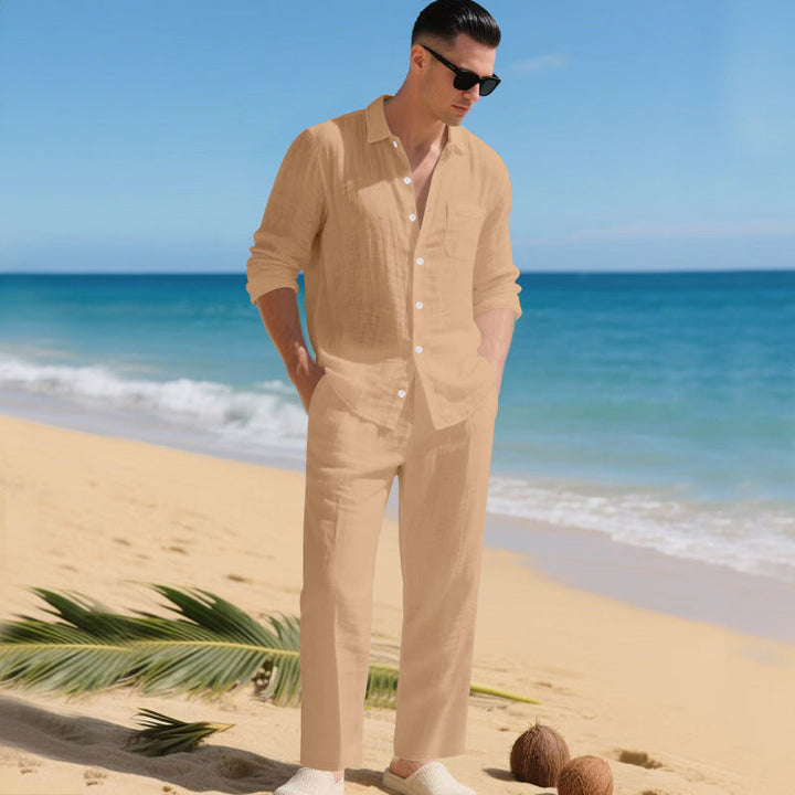 Men's lightweight linen outfit with stylish shirt and elegant pants StylebySassy