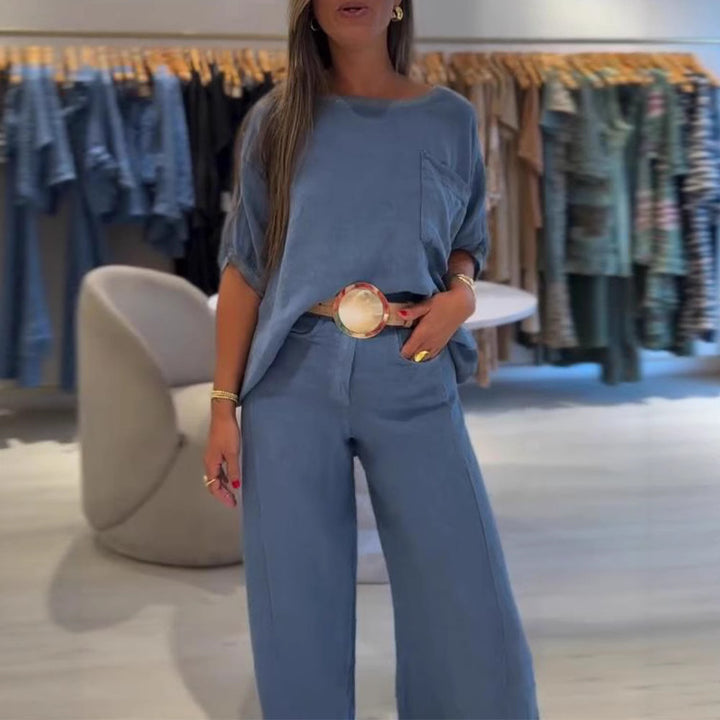 Women's Linen Blend Two-Piece Set with Boxy Oversized Shirt, Chest Pocket and Wide Palazzo Pants StylebySassy