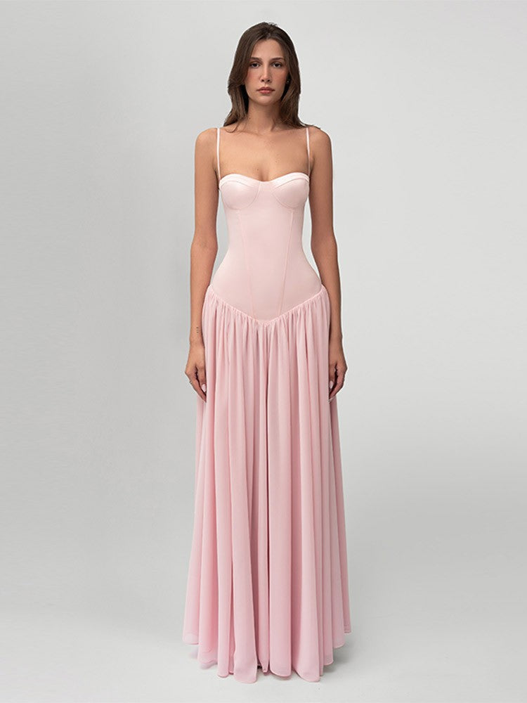 Women’s shaping bustier evening dress with pre-shaped corset construction and wide chiffon flared skirt StylebySassy