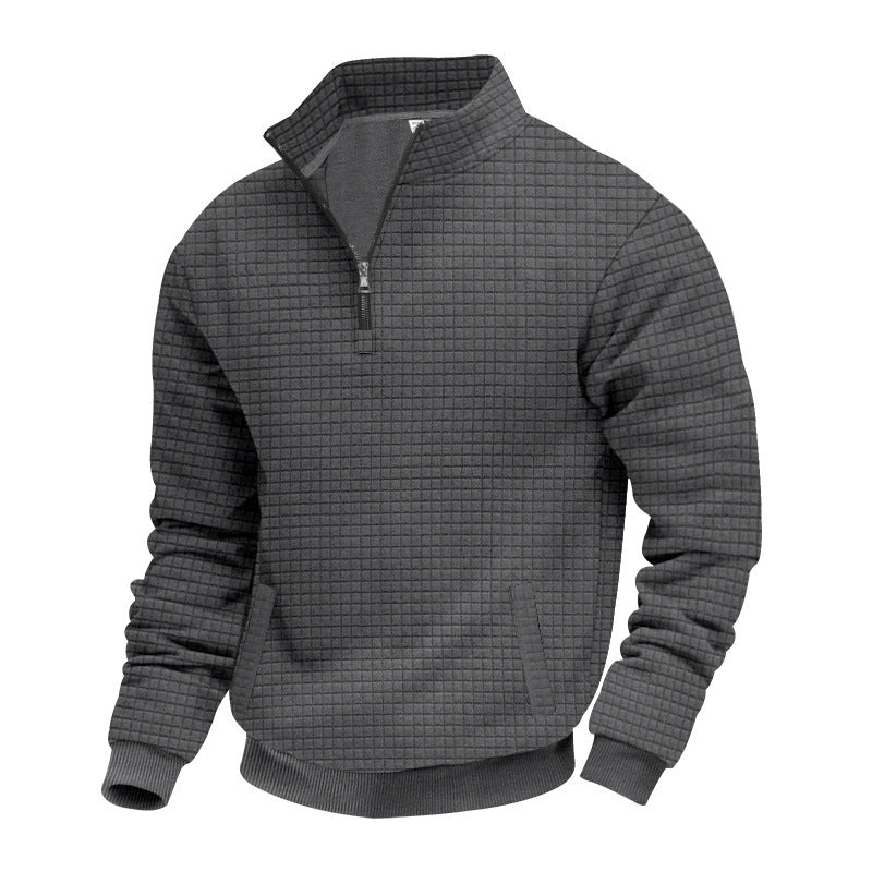 Men's quilted half-zip sweater with square waffle texture and kangaroo pocket StylebySassy